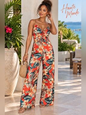 Haute Monde Satin Orange Tropical Floral Ruched Wide Leg Jumpsuit Medium